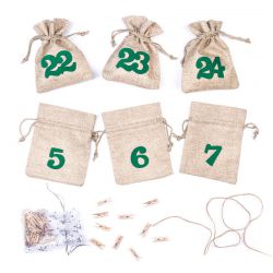Adventní kalendář jutové sáčky 11 cm x 14 cm - přírodní + zelená čísla Vánoční taška