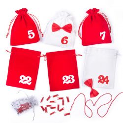 Adventní velurové kalendářové tašky velikosti 15 x 20 cm - červená a bílá + bílá a červená čísla Sametové s