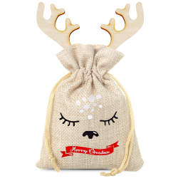 Jutový pytlík 13 x 18 cm- Vánoce + dřevěná ozdoba s parohy Vánoční taška