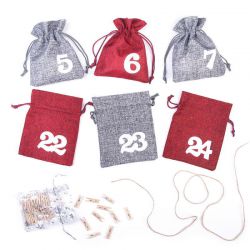 Adventní kalendář jutové sáčky 12 cm x 15 cm - Šedý a bordové + bílý čísla Vánoční taška