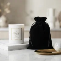 Elegantní bílá svíčka vedle černého sametového pytlíku na mramorovém podkladu.