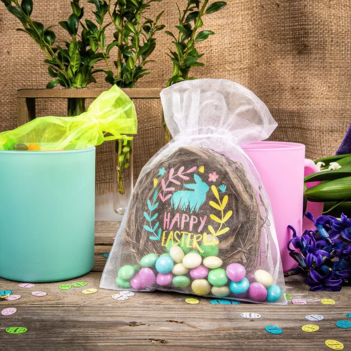 Průhledný organzový pytlík s velikonočním motivem a barevnými vajíčky.