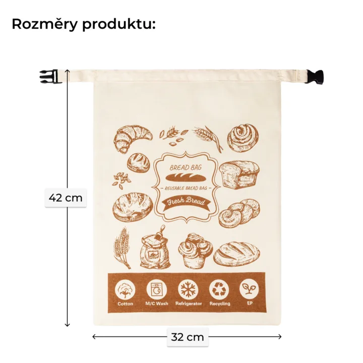Bavlněný sáček se stahováním a potiskem potravin a pečiva, rozměr 32 x 42 cm
